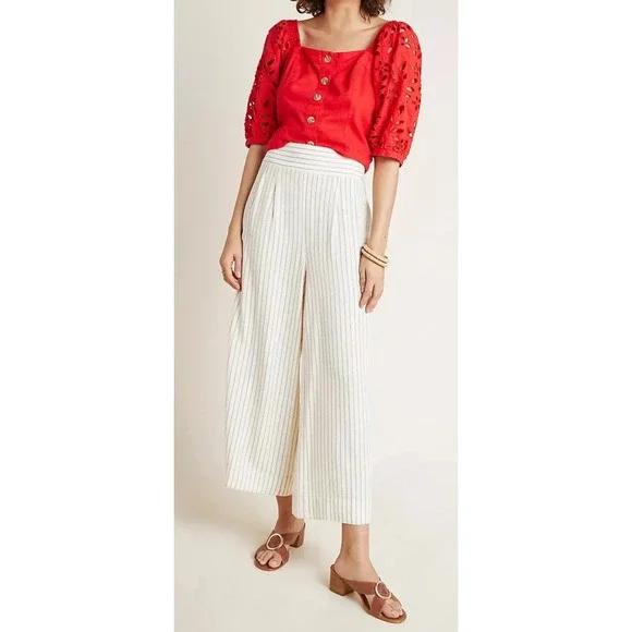 by Anthropologie Buttoned Wide Leg Pants Cream Stripe High Rise Ankle US Size 14 - Picture 3 of 13
